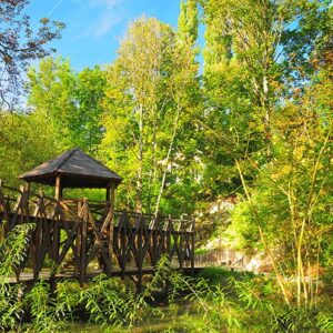 Two-level bridge. Visits to the park and gardens at the Château du Clos Lucé - Leonardo da Vinci Park in the Loire Valley, France, Europe